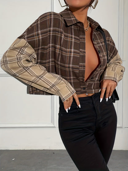 Plaid Print Color Block Crop Jacket, Casual Drop Shoulder Button Front Jacket, Women's Clothing