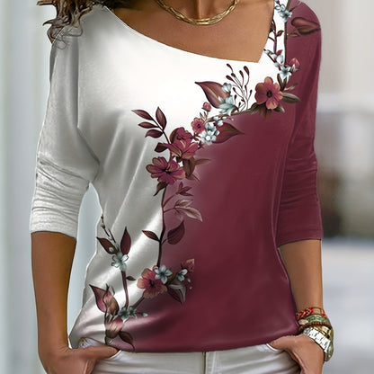 Floral Print Color Block T-shirt, Casual Asymmetrical Neck Long Sleeve T-shirt, Women's Clothing