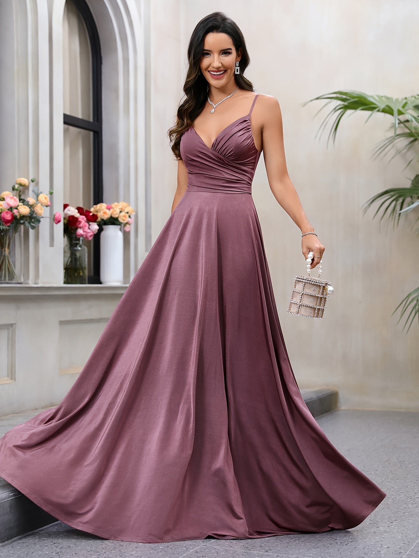 Solid Spaghetti Strap Dress, Elegant Surplice Neck Evening Dress For Party & Banquet, Women's Clothing