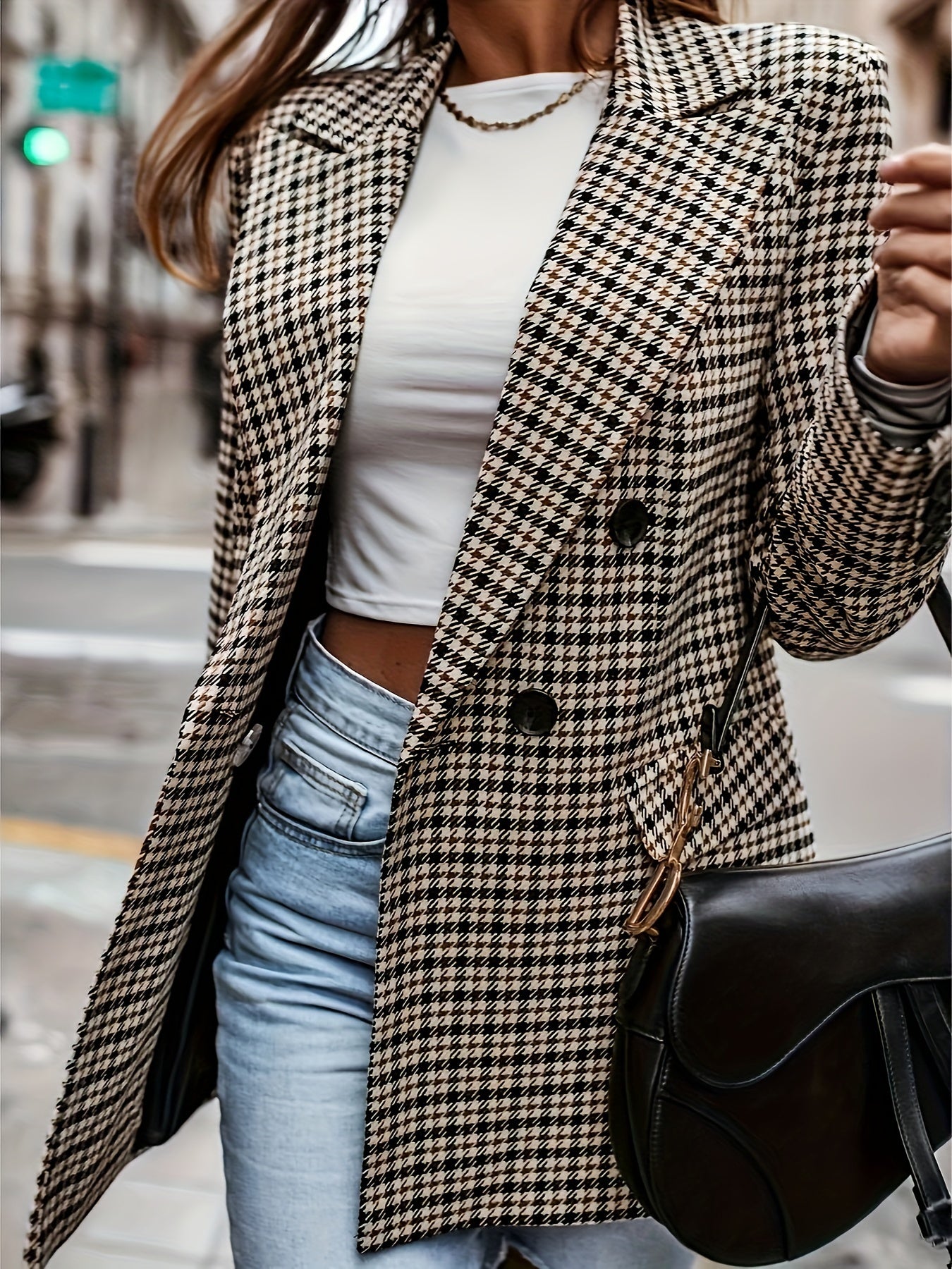 Houndstooth Print Lapel Blazer, Elegant Double Breasted Long Sleeve Outerwear, Women's Clothing