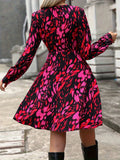 dunnmall  All Over Print V Neck Dress, Elegant Long Sleeve Mini Dress For Spring & Fall, Women's Clothing