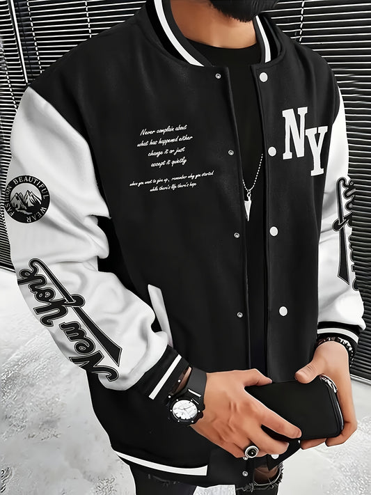 Plus Size Men's Casual Sports Jacket, Letter NY Pattern Color Block Black & White Varsity Style Fall Winter Coat