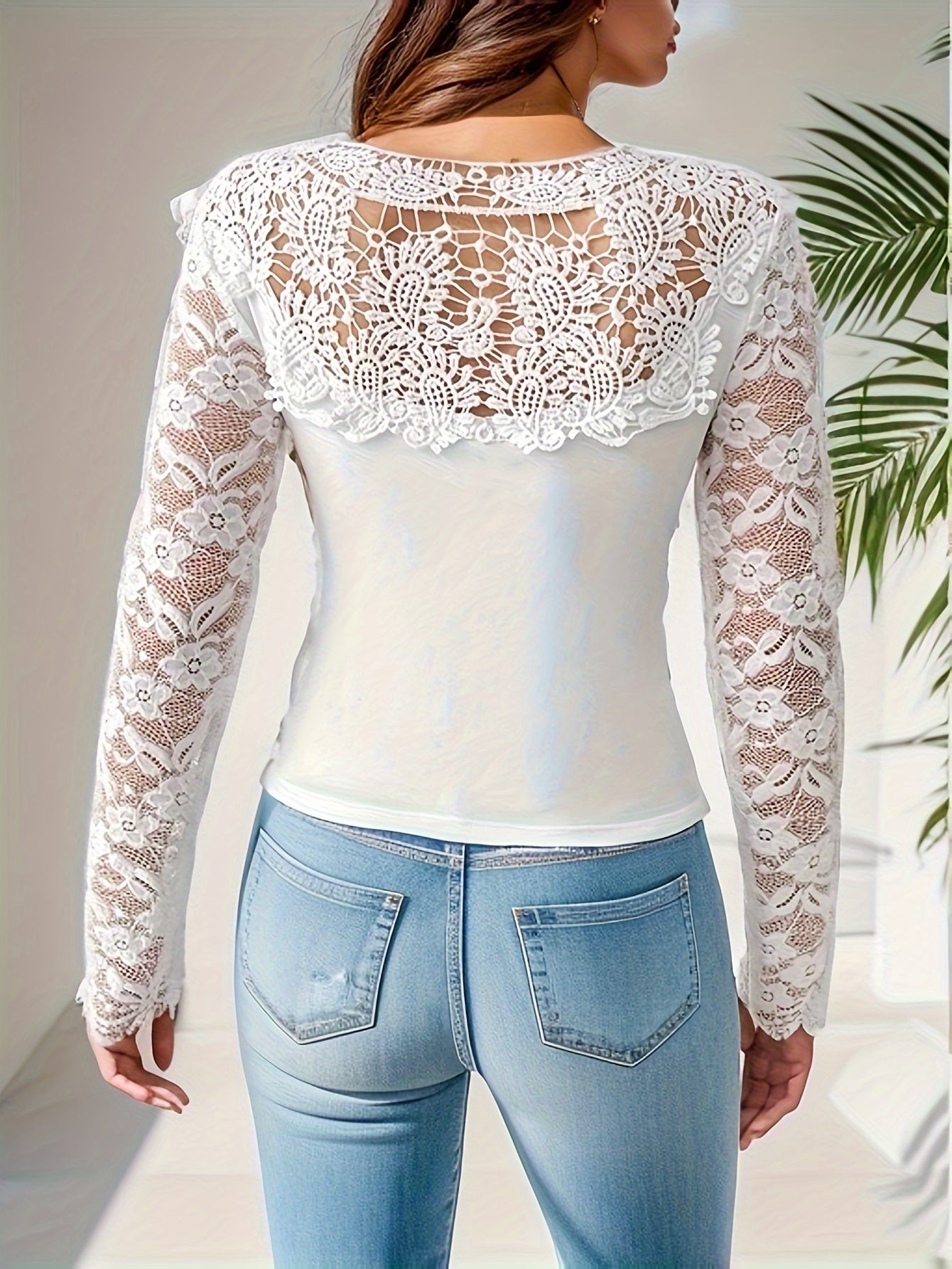 dunnmall Solid Contrast Lace T-Shirt, Casual Notched Neck Long Sleeve Top For Spring & Fall, Women's Clothing