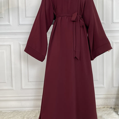 Solid Long Sleeve Tie Waist Crew Neck Dress, Elegant Ruffled Hem Maxi Dress, Women's Clothing