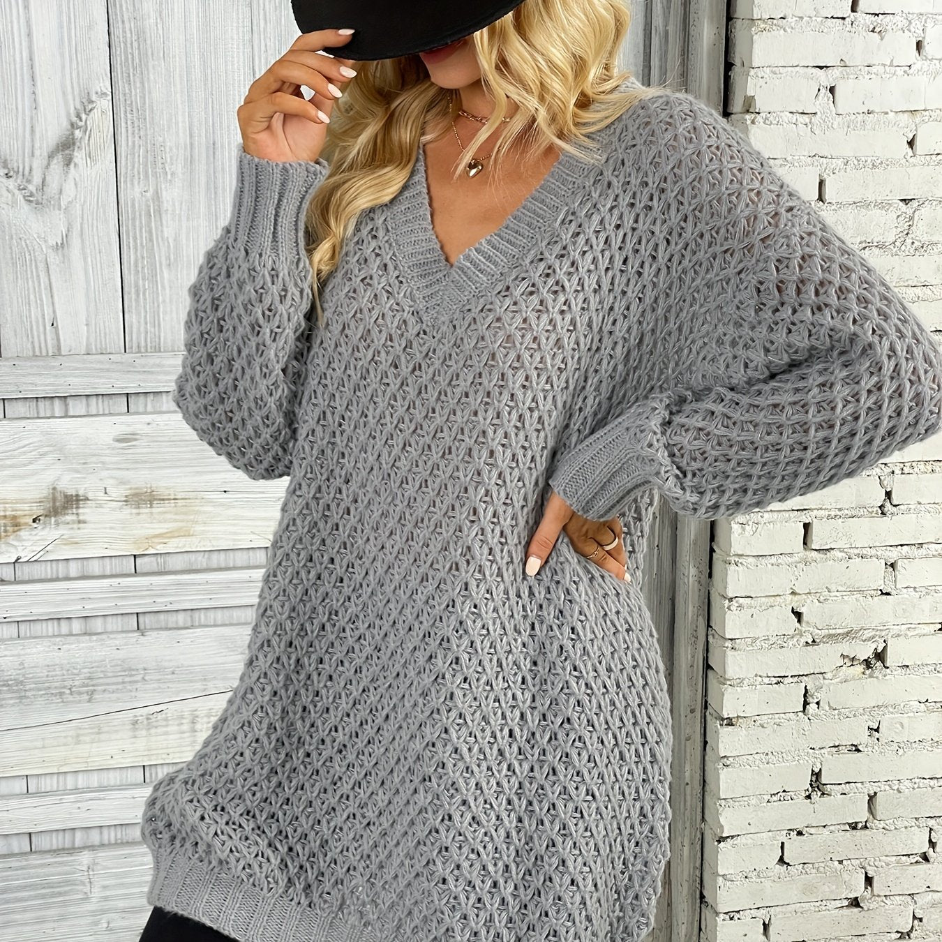 Solid Simple Knit Sweater, Casual V Neck Long Sleeve Solid Sweater, Women's Clothing