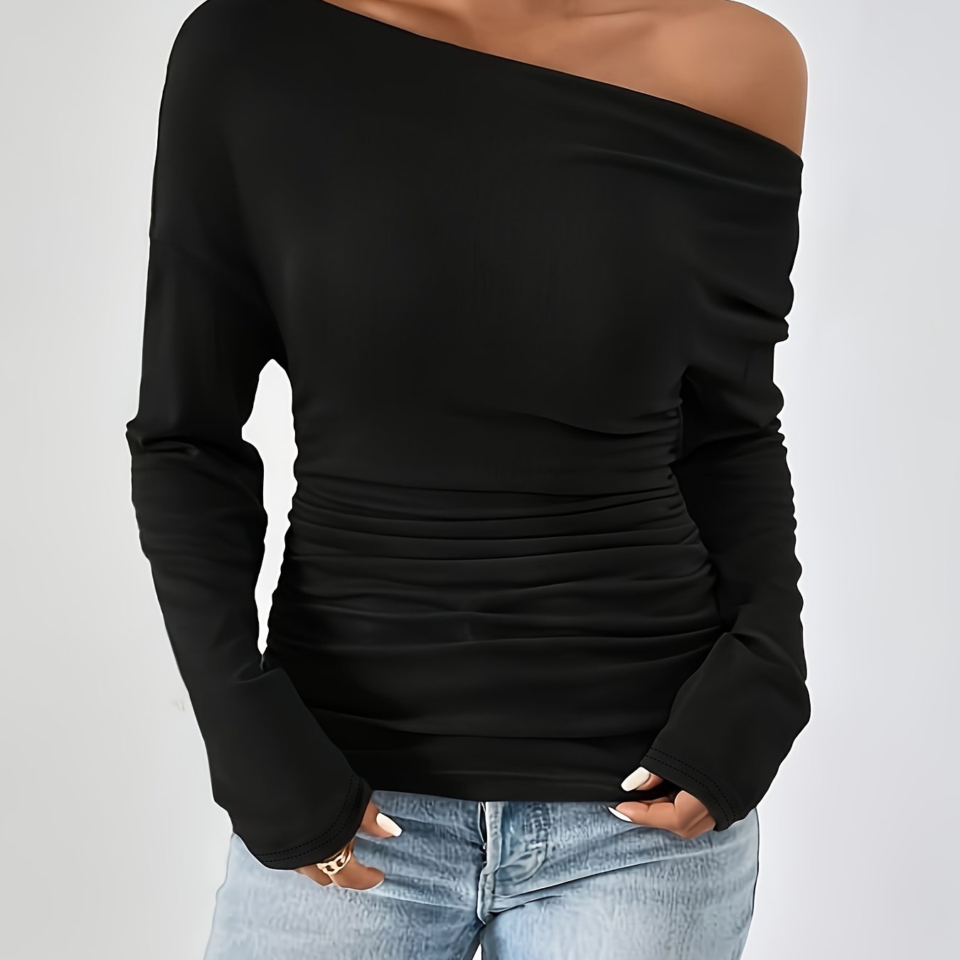 dunnmall  Solid Asymmetrical Neck Ruched T-Shirt, Casual Long Sleeve Top For Spring & Fall, Women's Clothing