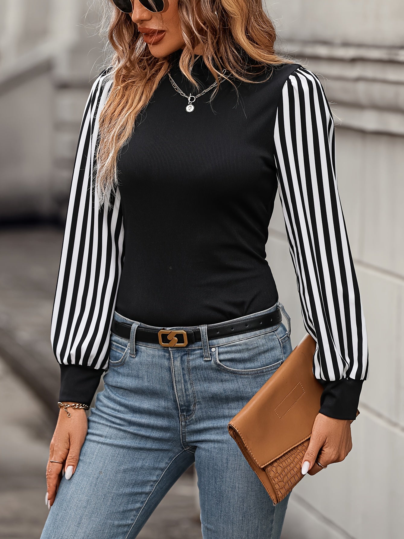 Striped Print Long Sleeve Blouse, Casual Mock Neck Daily Wear Blouse, Women's Clothing