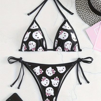 Two-Piece Cartoon Print Bikini Set for Small Busts - Adjustable Tie Halter Neck, Side Ties, Flattering Fit, Slight Stretch Polyester Fabric, Random Cartoon Print, Sleeveless, Knit Fabric, Perfect for Swimming - Sanrio-Inspired, Cute, Flattering Beach Swim