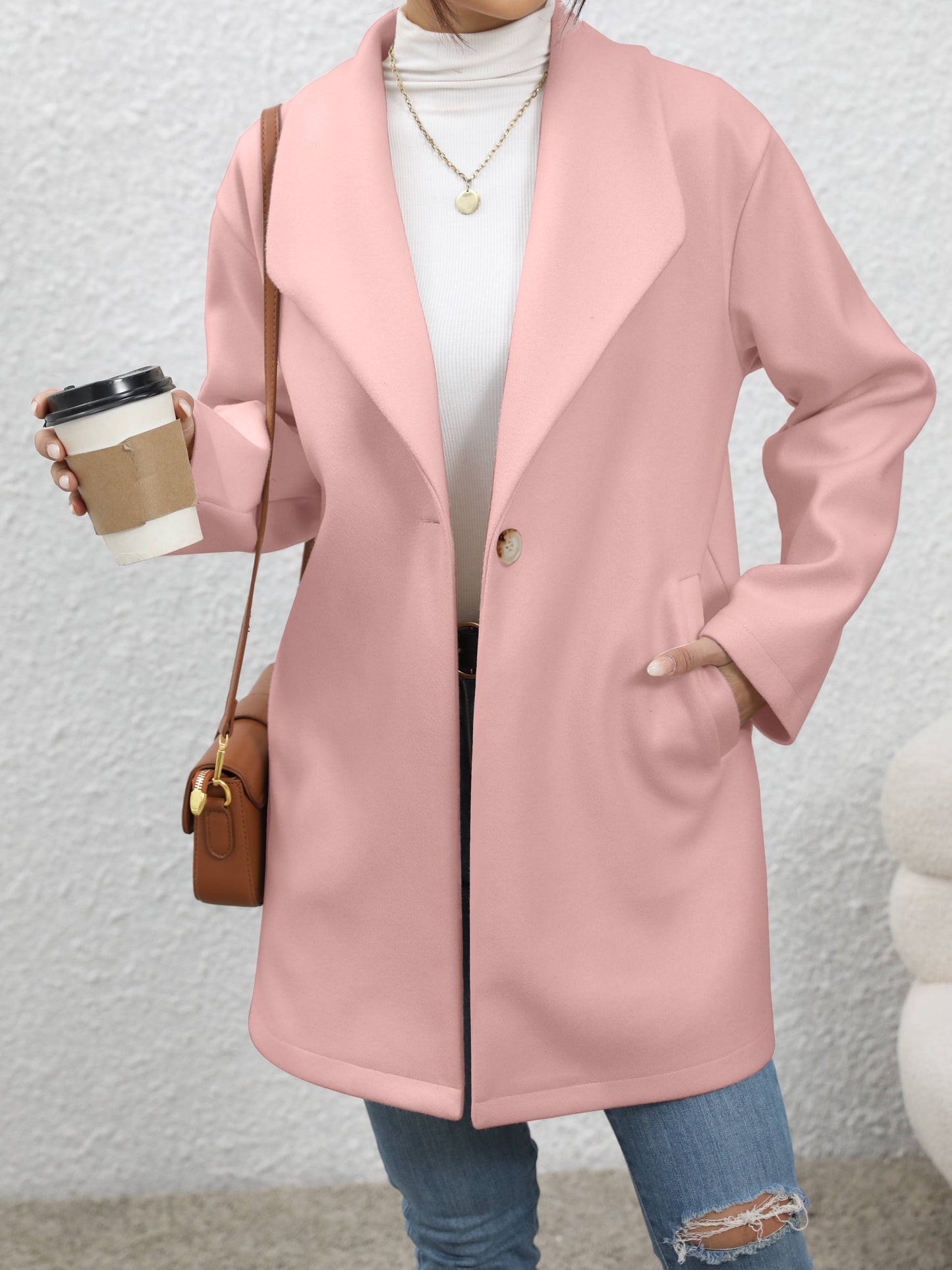 Solid One Button Overcoat, Casual Long Sleeve Outerwear With Pockets, Women's Clothing