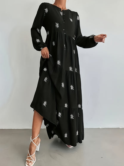 dunnmall  Plus Size Casual Dress, Women's Plus Floral Print Long Sleeve Round Neck Button Up Maxi Smock Dress