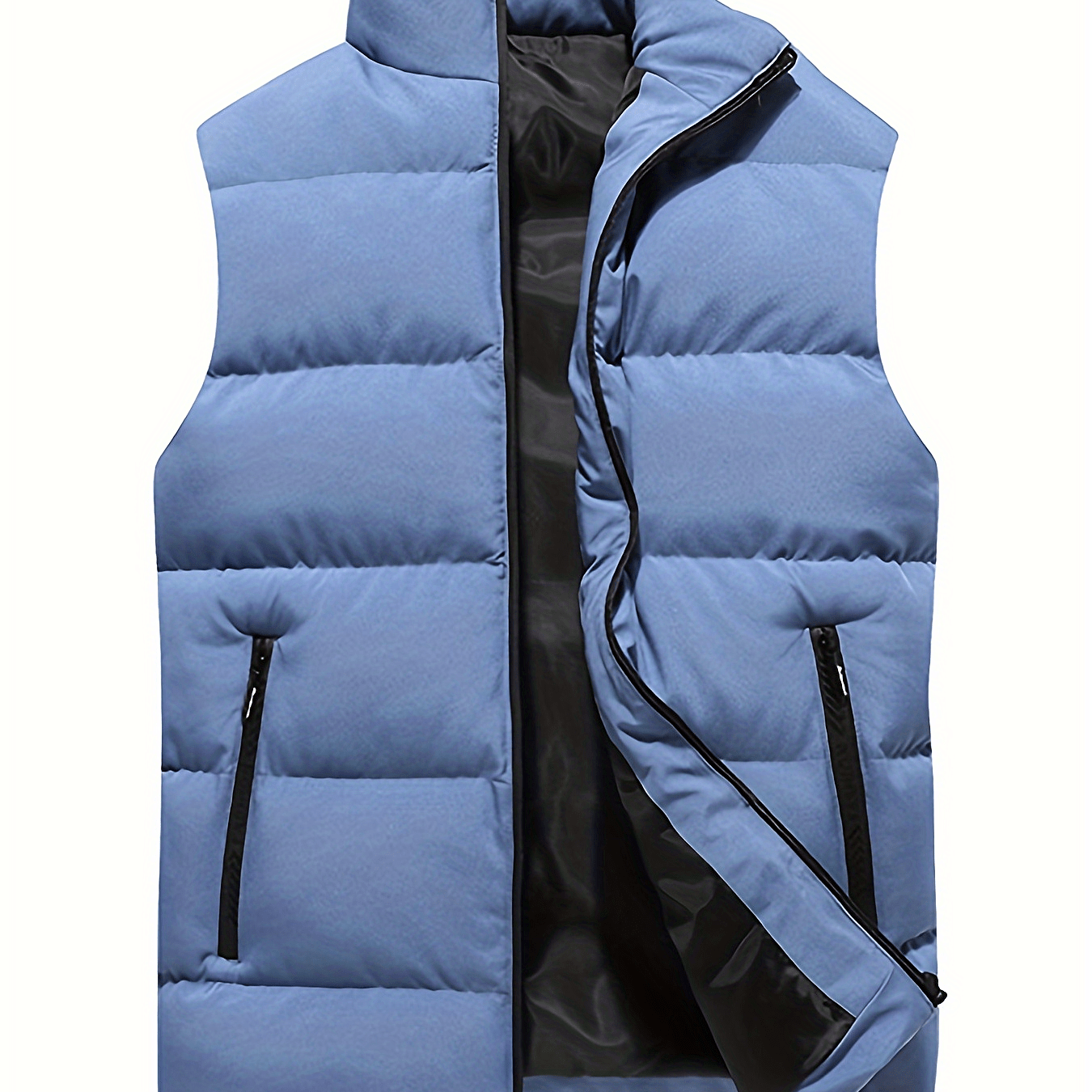 dunnmall  Warm Winter Vest, Men's Casual Zipper Pockets Stand Collar Zip Up Cotton Padded Vest For Fall Winter