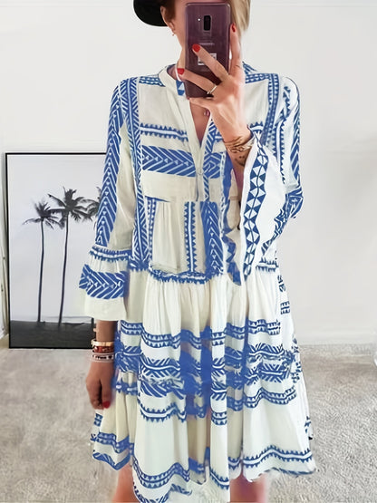 Tribal Print Dress, Vacation Pleated Flared Sleeve Dress, Women's Clothing