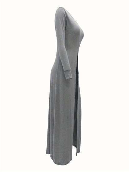 Split Thigh Solid Dress, Crew Neck Long Sleeve Maxi Dress, Women's Clothing