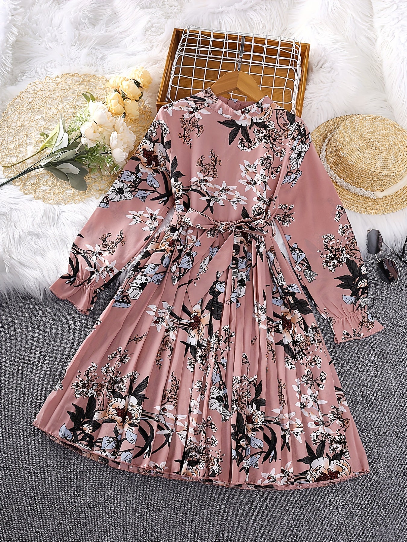 dunnmall  Girl's Floral Allover Flounce Long Sleeve Pleated Hem Mock Neck Belted Dress For Summer