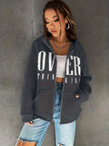 Letter Print Slant Pockets Zipper Hoodie, Casual Long Sleeve Hoodies Sweatshirt, Women's Clothing