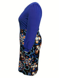dunnmall  Plus Size Elegant Dress, Women's Plus Colorblock Floral Print Long Sleeve Round Neck Bodycon Midi Dress