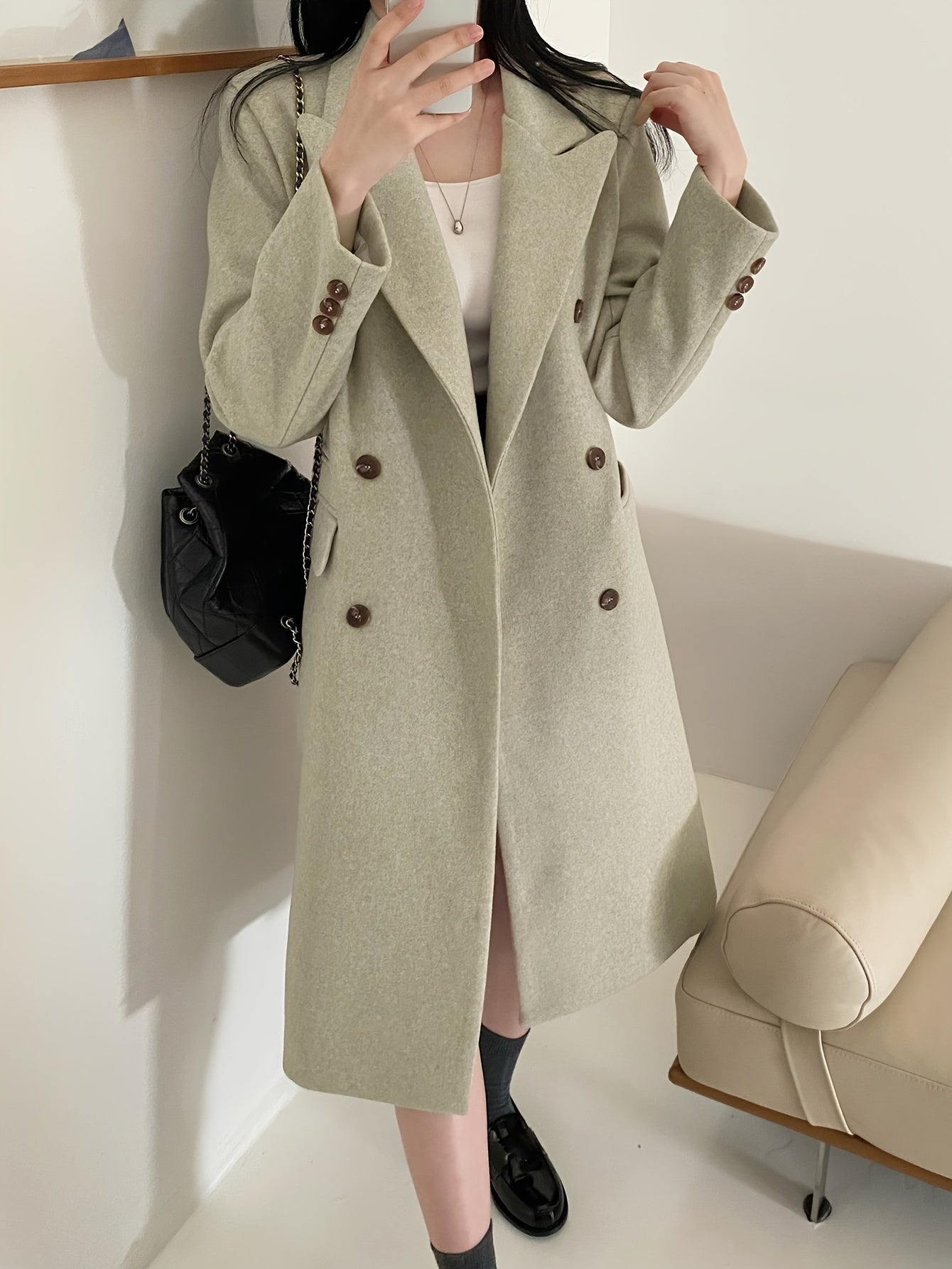 dunnmall Solid Color Double-breasted Coat, Casual Long Sleeve Lapel Coat For Fall & Winter, Women's Clothing