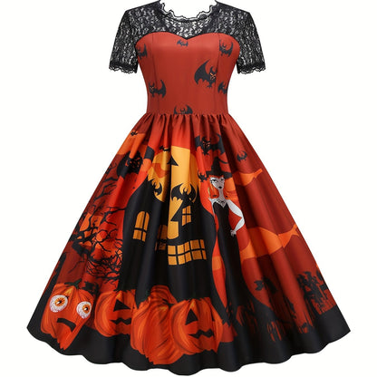 Halloween Witch & Castle Print Lace Stitching Dress, Elegant Ruffle Hem Swing Aline Dress, Women's Clothing