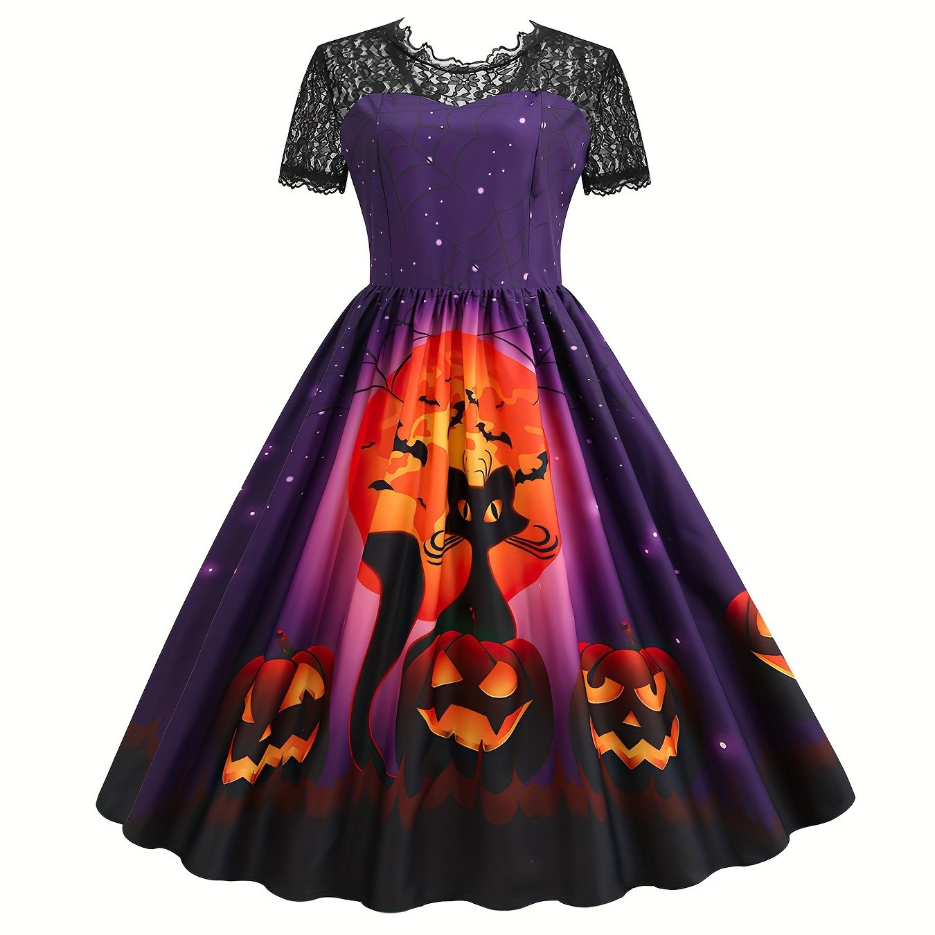 Halloween Witch & Castle Print Lace Stitching Dress, Elegant Ruffle Hem Swing Aline Dress, Women's Clothing