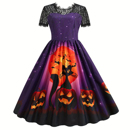 Halloween Witch & Castle Print Lace Stitching Dress, Elegant Ruffle Hem Swing Aline Dress, Women's Clothing