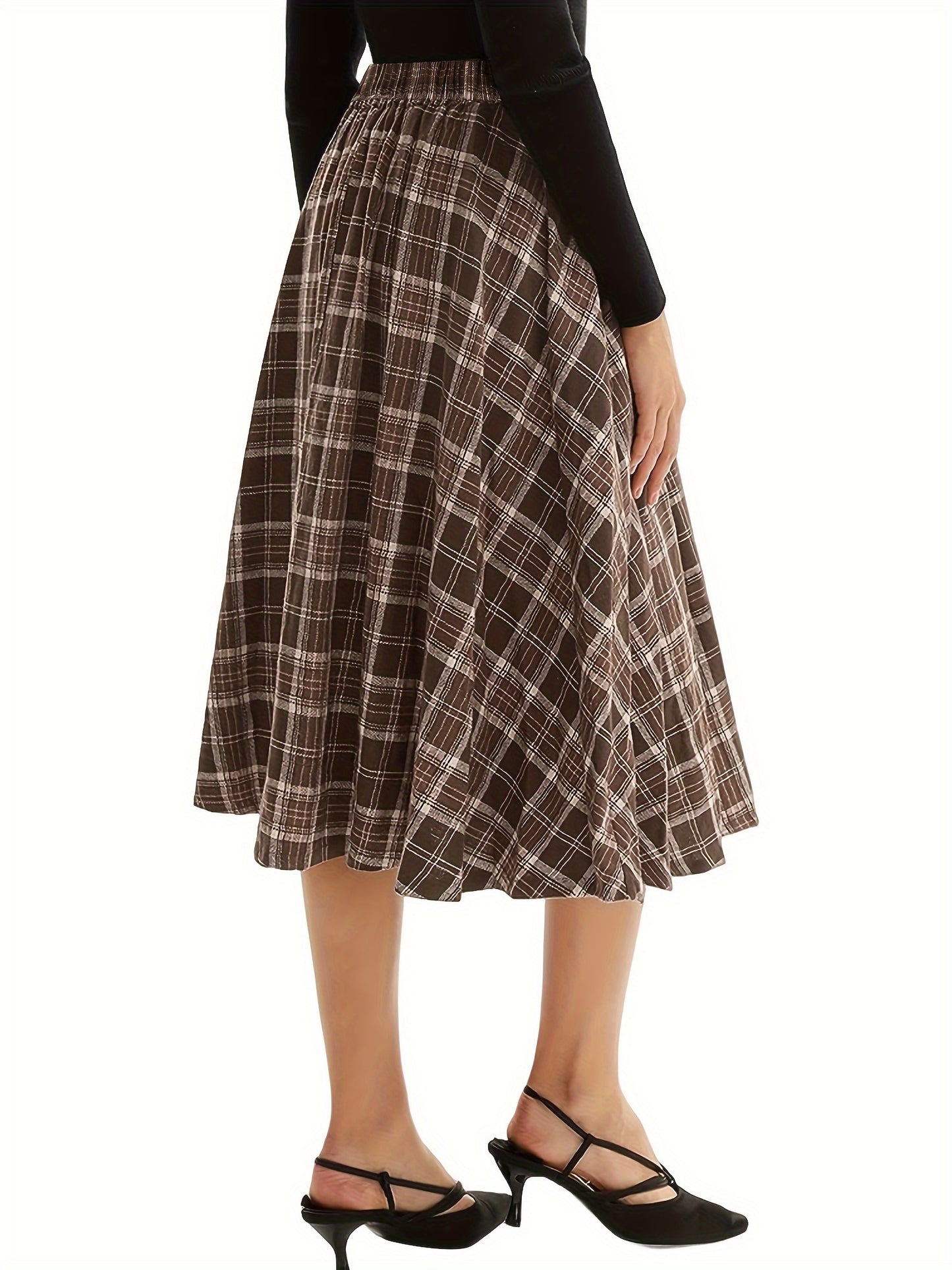 Plaid Print High Waist Button Skirt, Elegant A Line Flare Midi Skirt, Women's Clothing