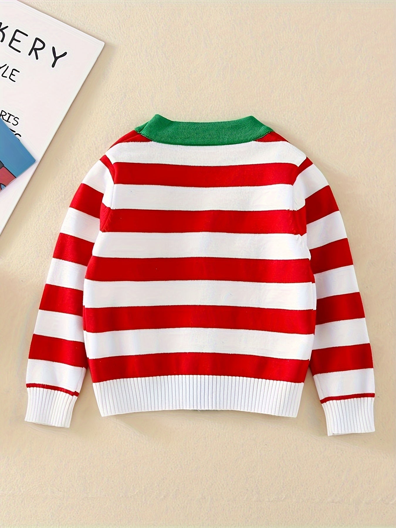 Toddler Girls Cotton 80% Knit Cardigan Sweater, Casual Striped Outerwear With Button Closure, Green & Red, V-Neck Jacket