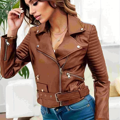 dunnmall  Solid Leather Biker Jacket, Streetwear Long Sleeve Zipper Outerwear, Women's Clothing