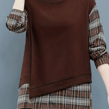 Long Sleeve Plaid Pullover, Crew Neck Casual Top For Spring & Fall, Women's Clothing