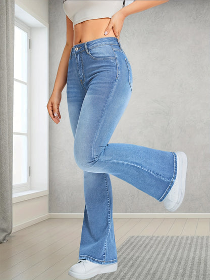 xieyinshe Light Blue Casual Bootcut Jeans, Mid-Stretch Slant Pockets High Waist Denim Pants, Women's Denim Jeans & Clothing