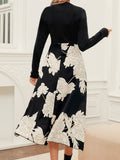 Floral Print Splicing Dress, Elegant Crew Neck Long Sleeve Dress, Women's Clothing