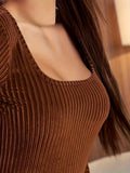 dunnmall Solid Ribbed Velvet T-Shirt, Elegant Long Sleeve Top For Spring & Fall, Women's Clothing