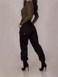 Solid Dual Pockets Cargo Pants, Casual Button Front Pants For Spring & Fall, Women's Clothing