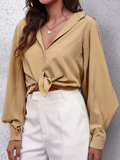 dunnmall  Solid Button Front Dopamine Blouse, Casual Lapel Long Lantern Sleeve Blouse For Spring & Fall, Women's Clothing