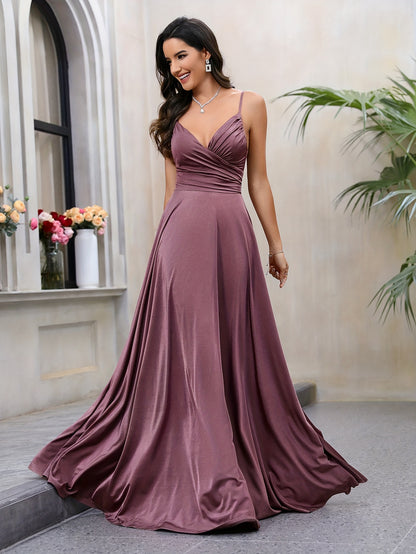 Solid Spaghetti Strap Dress, Elegant Surplice Neck Evening Dress For Party & Banquet, Women's Clothing