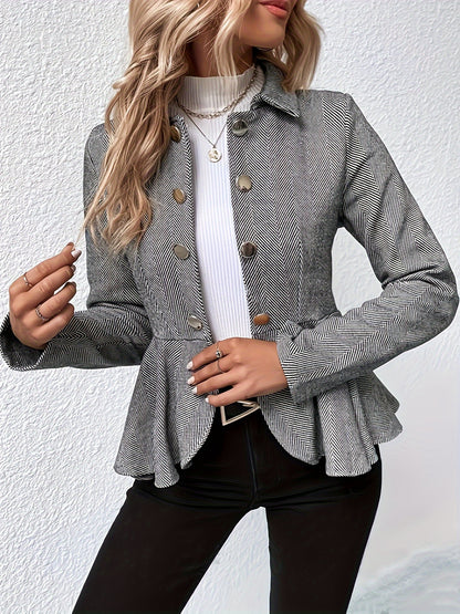 Ruffle Hem Button Front Blazer, Elegant Long Sleeve Work Outerwear, Women's Clothing