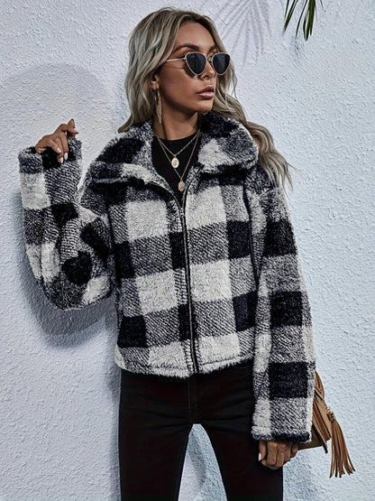 Zip Front Plaid Print Plush Coat, Long Sleeve Lapel Teddy Jacket For Fall & Winter, Women's Clothing