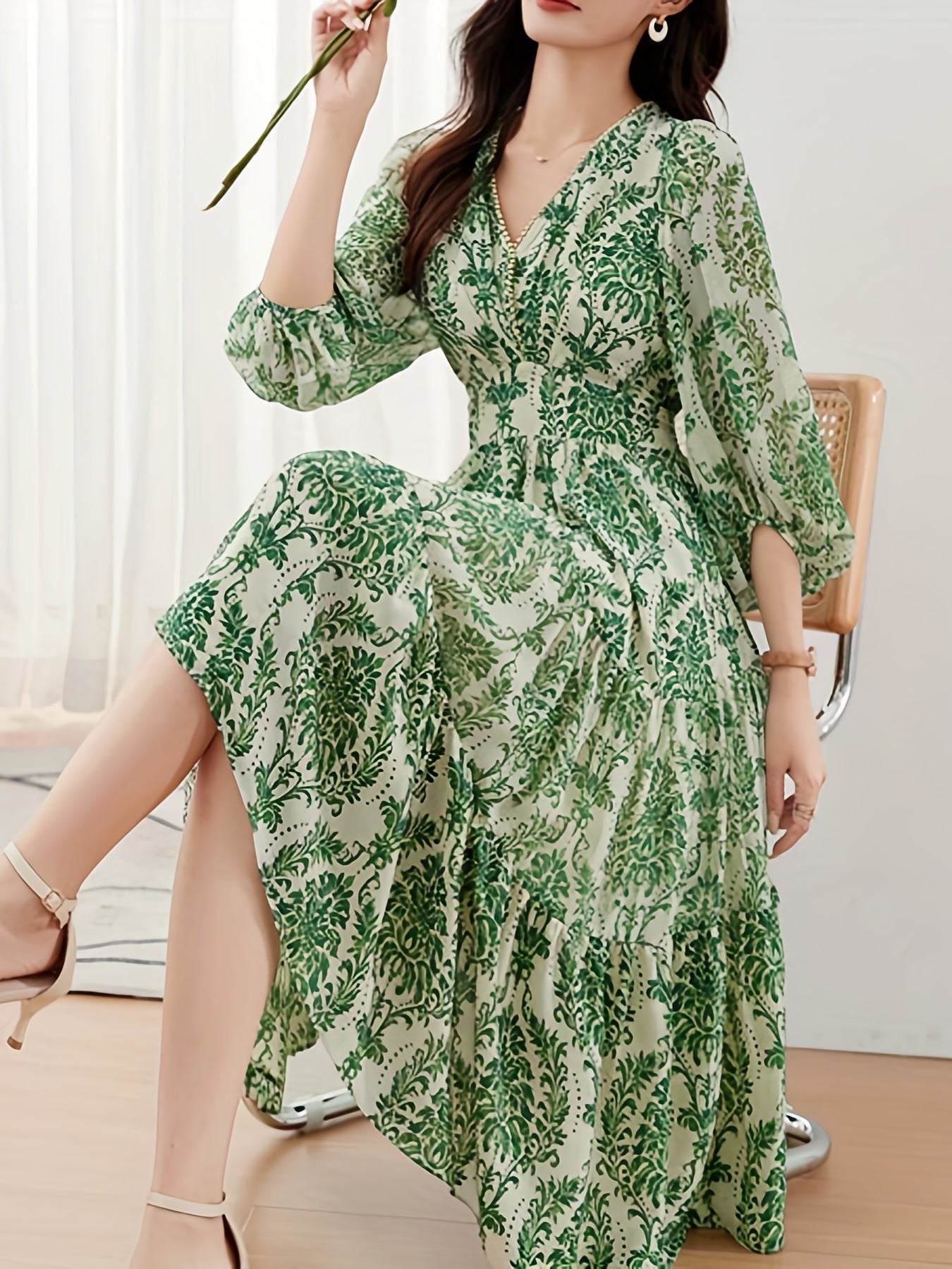 Mandala Print Lantern Sleeve Dress, Casual V Neck Cinched Waist Dress, Women's Clothing