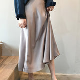 dunnmall  Retro Satin Maxi Skirts, Casual Solid High Waist Vintage Fashion Summer Skirts, Women's Clothing