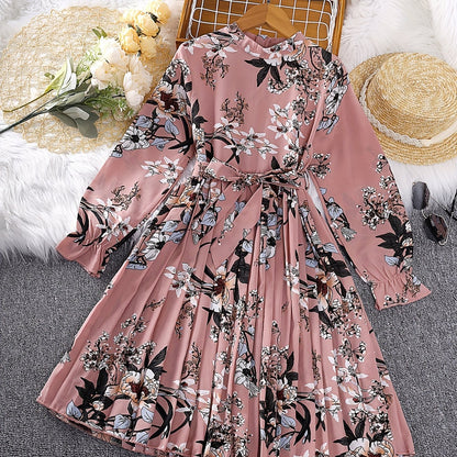 dunnmall  Girl's Floral Allover Flounce Long Sleeve Pleated Hem Mock Neck Belted Dress For Summer