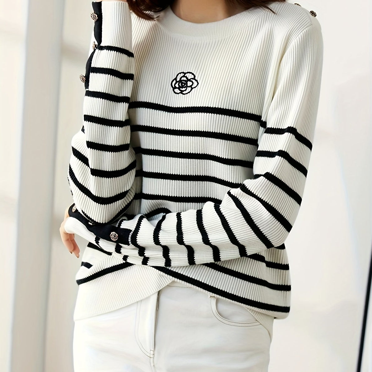 dunnmall  Floral Pattern Striped Pullover Sweater, Casual Crew Neck Long Sleeve Sweater, Women's Clothing