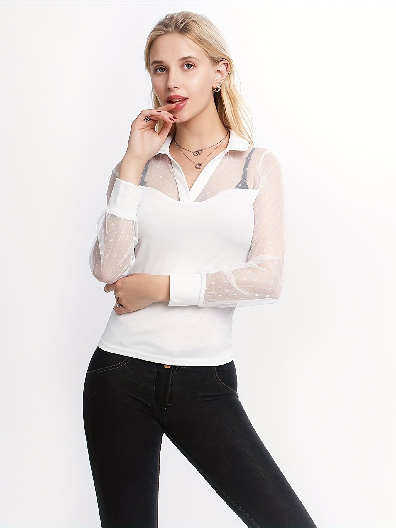 dunnmall  Solid Sheer Contrast Blouse, Casual Collar Long Sleeve Slim Blouse, Women's Clothing