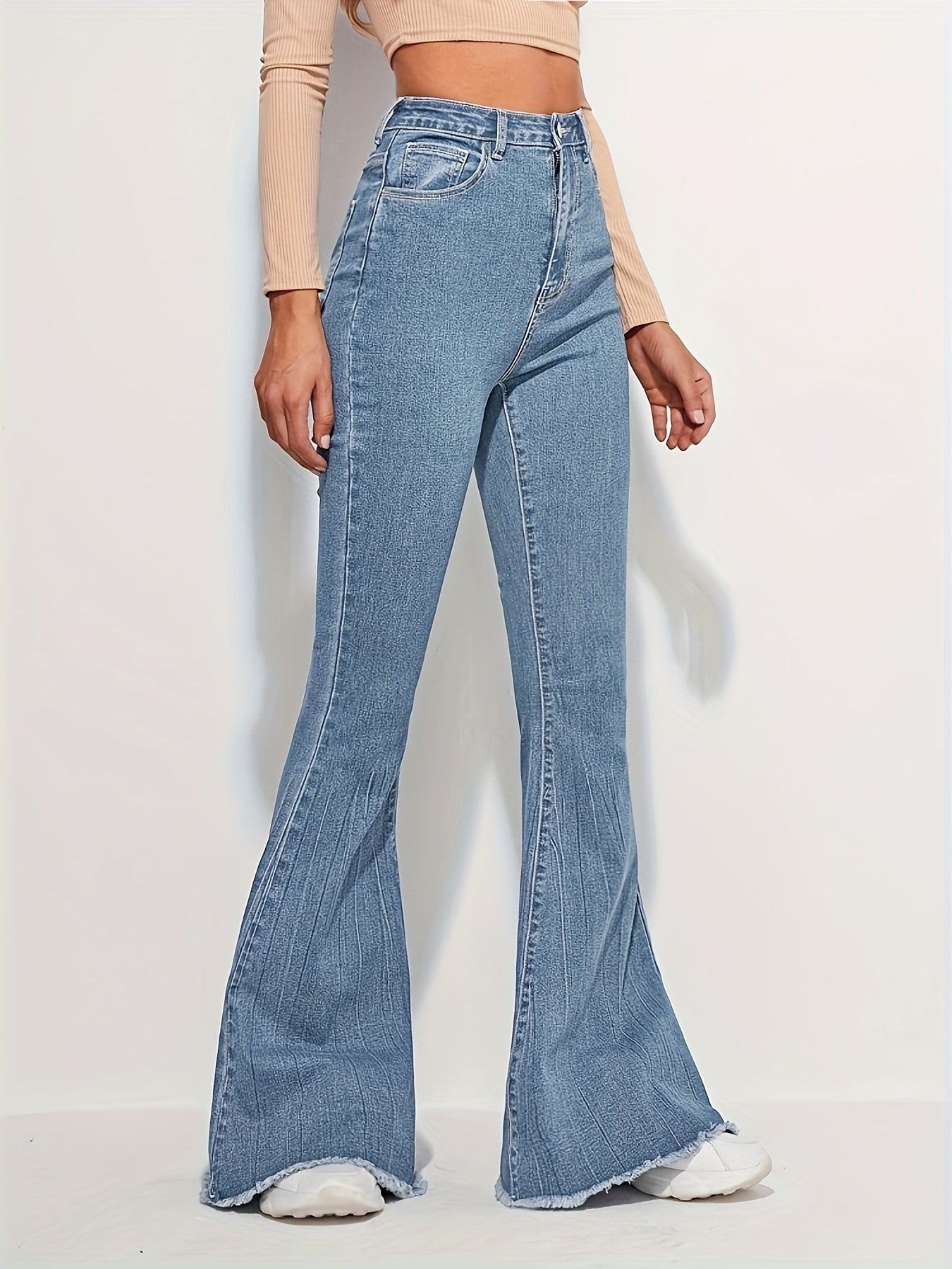 dunnmall Raw Trim Fashion Bell Bottom Jeans, High Waist Elastic Washed Elegant Denim Pants, Women's Denim Jeans & Clothing