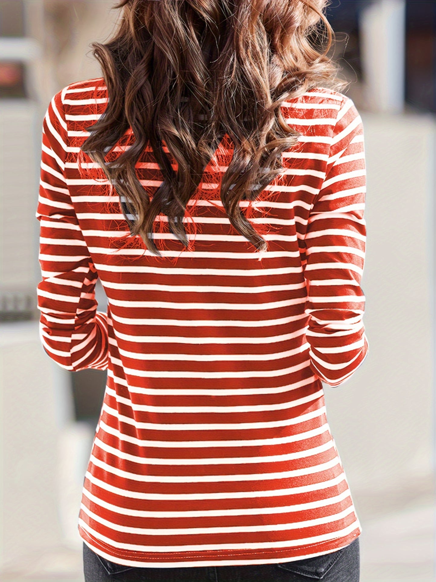 dunnmall Striped V Neck T-shirt, Casual Long Sleeve Top For Spring & Fall, Women's Clothing