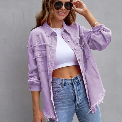 dunnmall Pink Ripped Raw Hem Denim Coat, Lapel Long Sleeve Flap Chest Pocket Distressed Street Style Denim Jacket, Women's Denim Jeans & Clothing