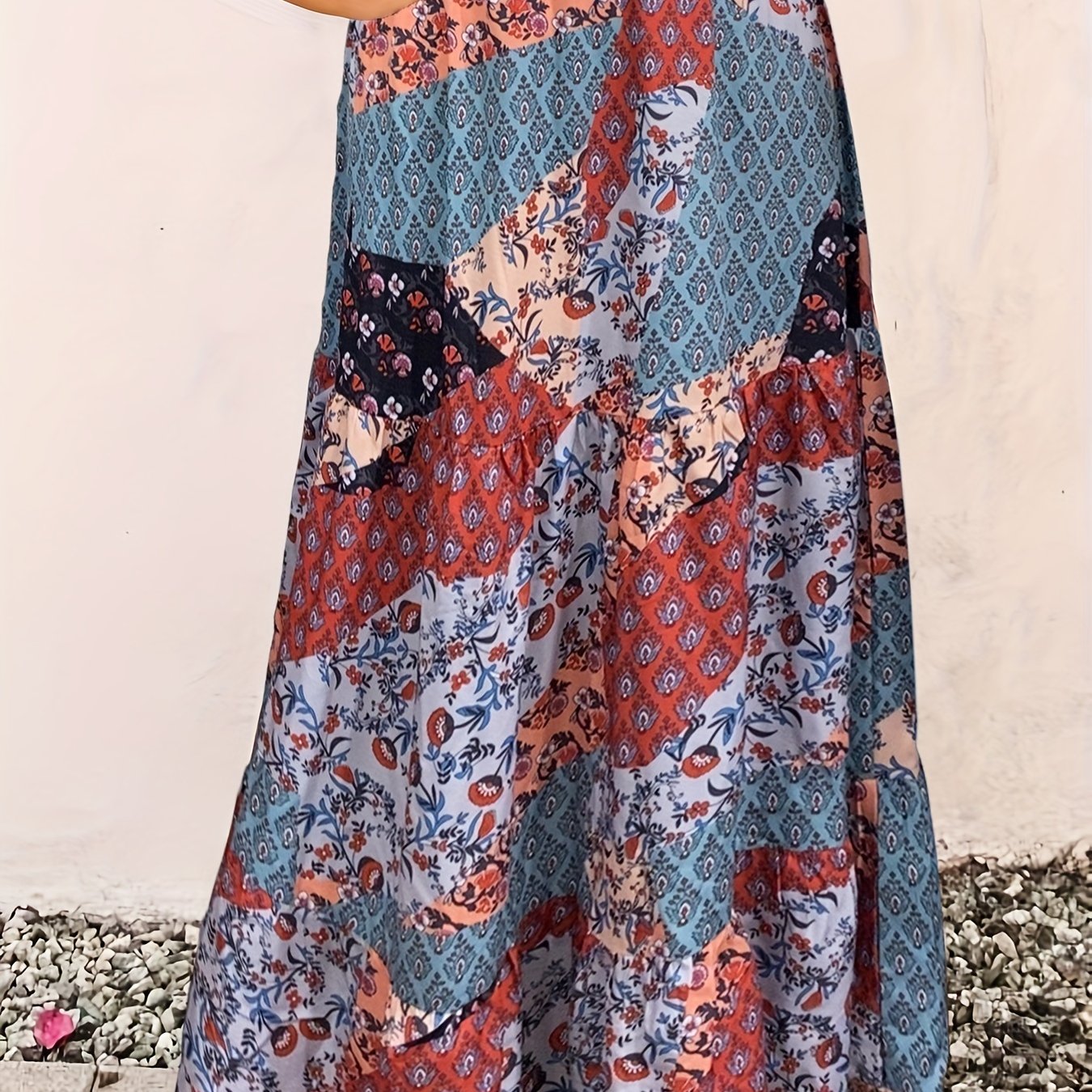 Plus Size Boho Skirt, Women's Plus Stitching Floral Print High Rise Pleated Maxi Skirt