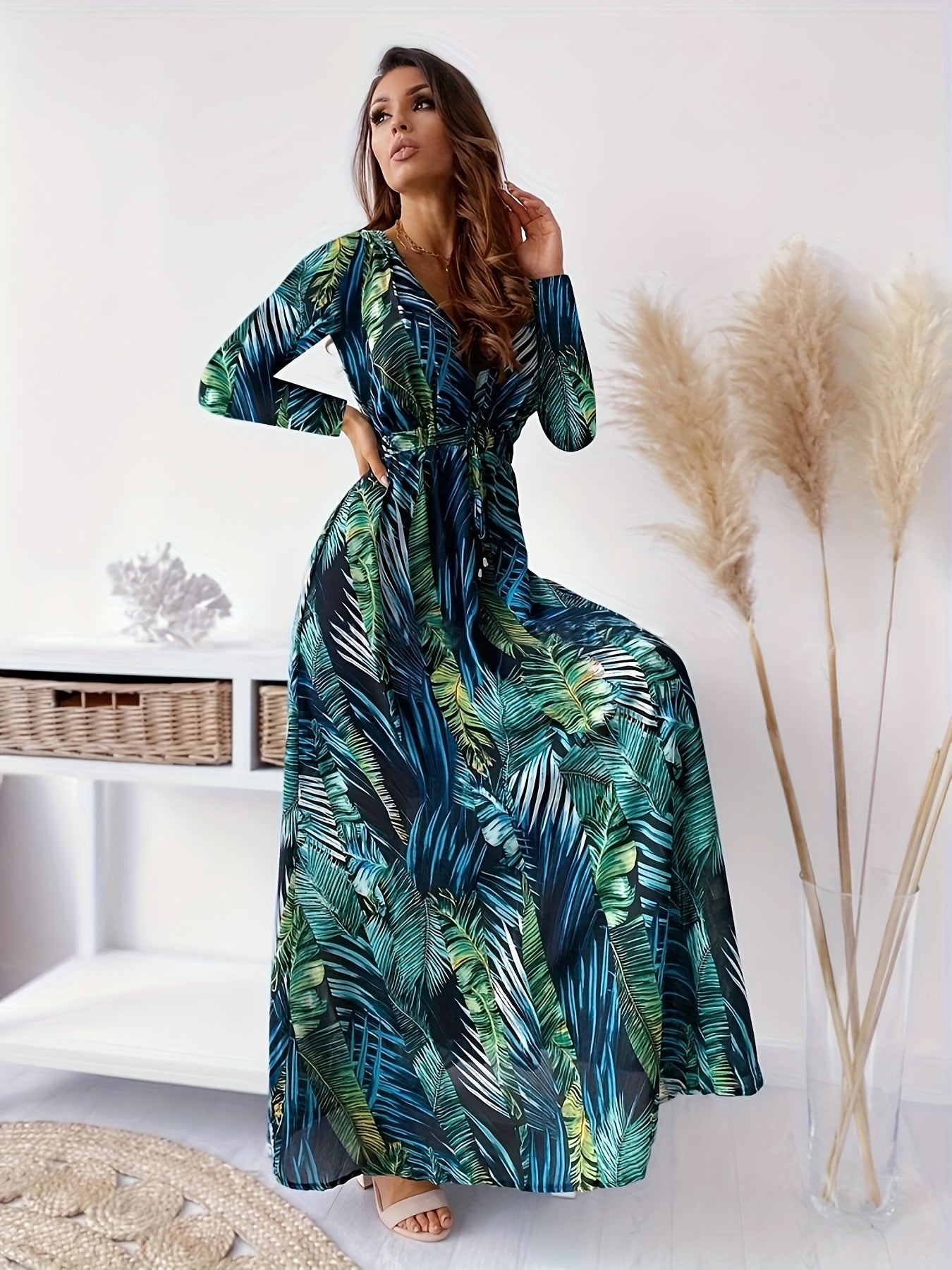 Leaf Print Long Sleeve Dress, Boho Plunge Neck Maxi Length Dress, Women's Clothing