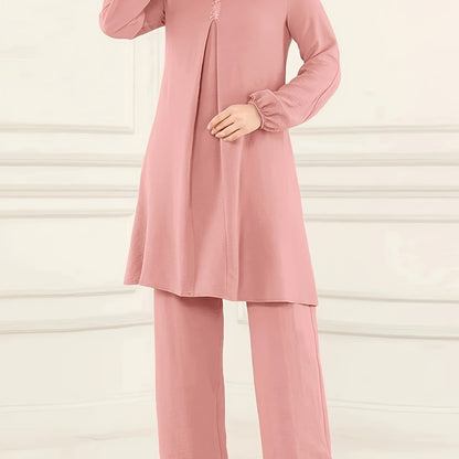 dunnmall Ramadan Elegant Solid Muslim Two-piece Set, Long Sleeve Crew Neck Top & Straight Leg Pants Outfits, Women's Clothing