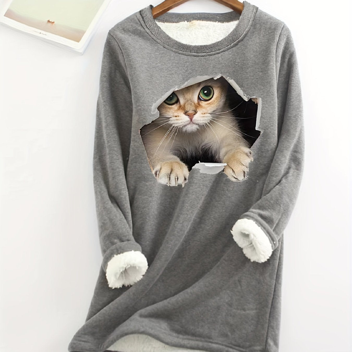 dunnmall  Cute Cat Print Crew Neck Sweatshirt, Casual Long Sleeve Thermal Sweatshirt For Winter, Women's Clothing