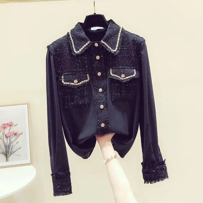 Women's Blouses Shirts Runway Designer Autumn Shirt Top Fashion Women Tweed Patchwork Chiffon Gold Single Breasted Tassel Weave