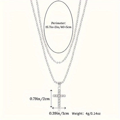 925 Sterling Silver Fashion Youth Plated Chain Cross Pendant Star Glitter Hypoallergenic Necklace, Elegant Temperament Cool Versatile Jewelry Perfect Gifts For Women